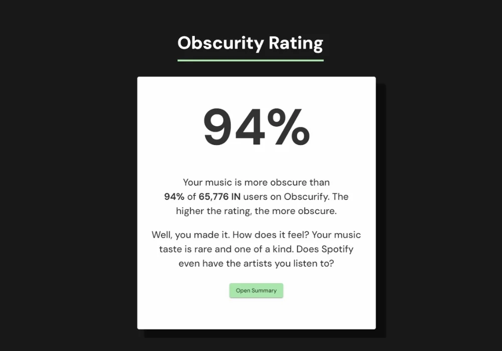 An Image showing of my Obscurify obscurity rating of 94% with the label _Obscurity Rating