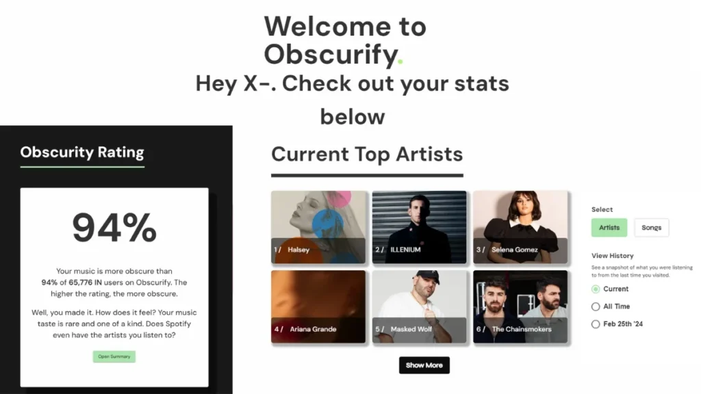 The Obscurify results page showing an obscurity percentage, top artists, etc